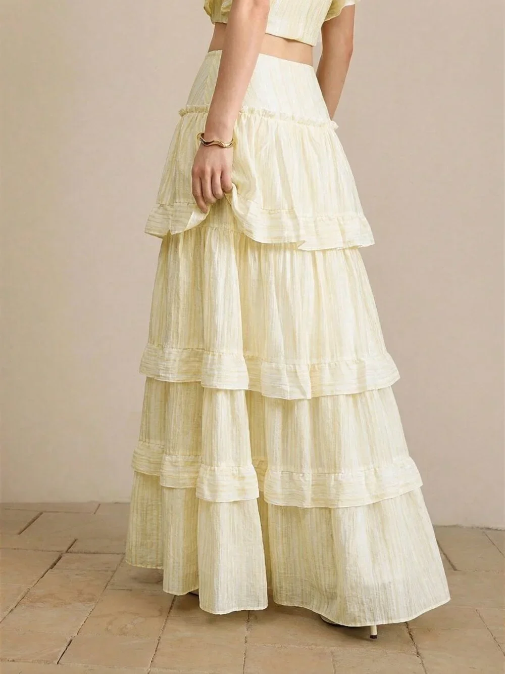 Yellow Boho Casual Women's Tiered Ruffle Hem Multi-Layer Skirt